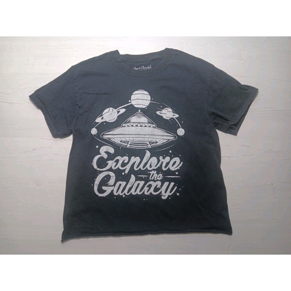 Chic and Cheerful Cropped Size S Explore The Galaxy Space ship UAP Black T-Shirt